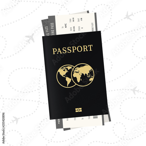 Vacation concept. Biometric passport and airplane tickets.