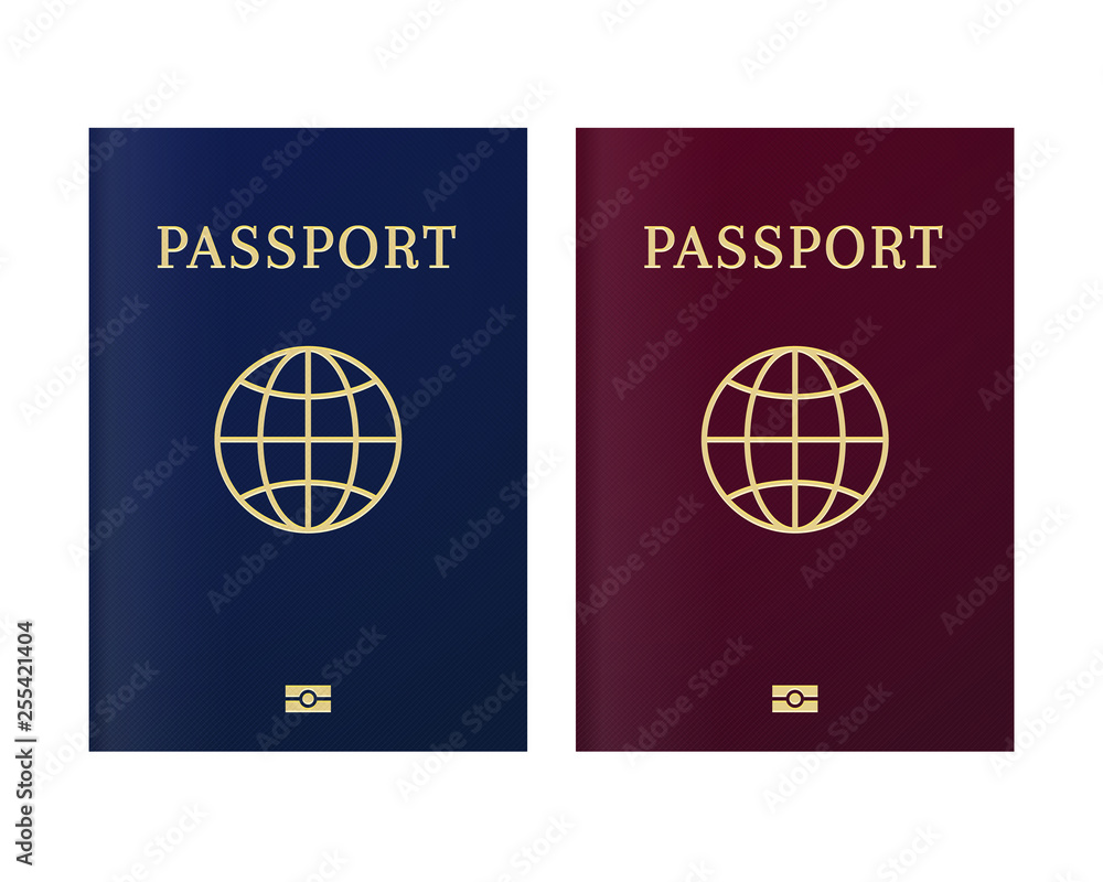 International biometric passport cover page. Blue and red top page of a