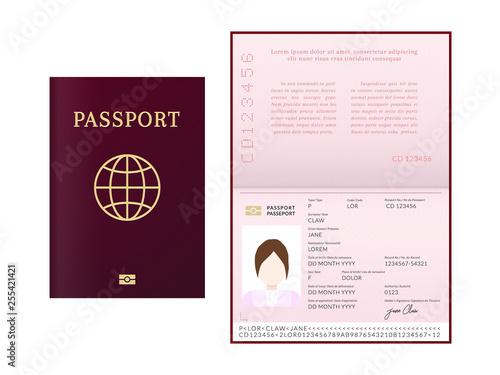 International female biometric passport booklet and cover template.