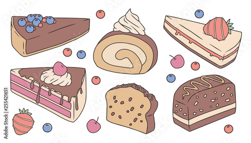 Cute cartoon vector collection set with different delicious cakes