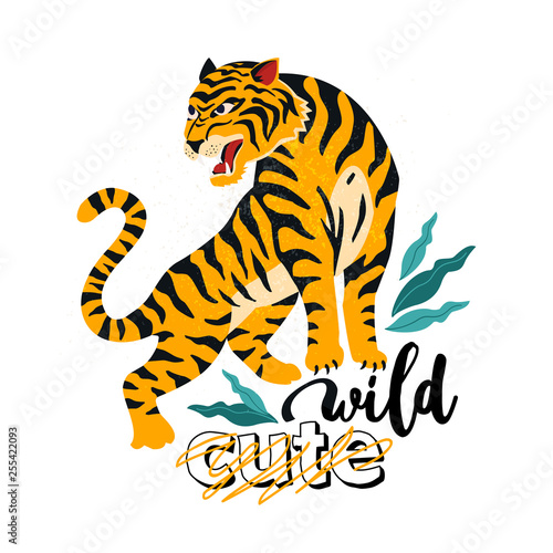 Wild. No cute. Vector illustration of tiger with tropical leaves. Trendy design for card, poster, tshirt and other use.