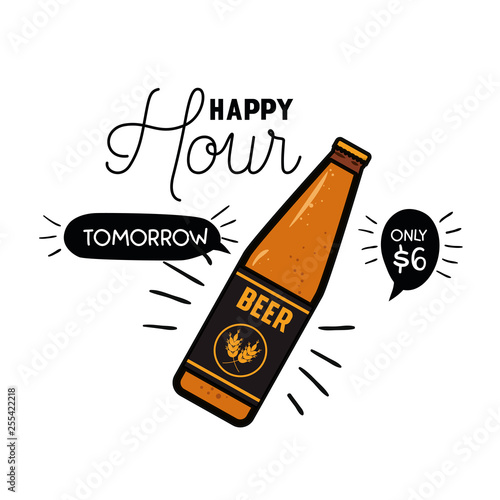 happy hour label with beer isolated icon