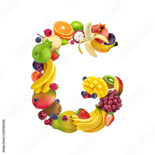 Fototapeta Naklejka Na Ścianę i Meble -  Letter G made of different fruits and berries, fruit alphabet isolated on white background