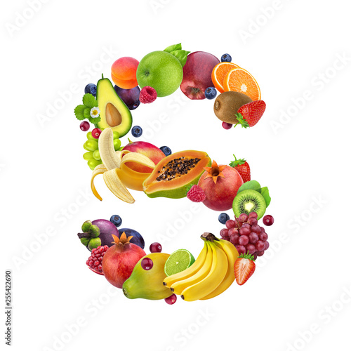 Fototapeta Naklejka Na Ścianę i Meble -  Letter S made of different fruits and berries, fruit font isolated on white background, healthy alphabet