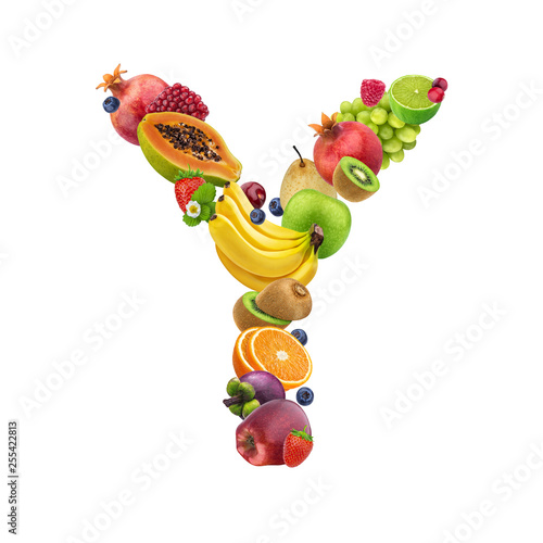 Letter Y made of different fruits and berries  fruit font isolated on white background  healthy alphabet