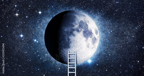 Fototapeta Naklejka Na Ścianę i Meble -  Conceptual image with ladder leading to moon and clouds background - Some elements of this image furnished by NASA