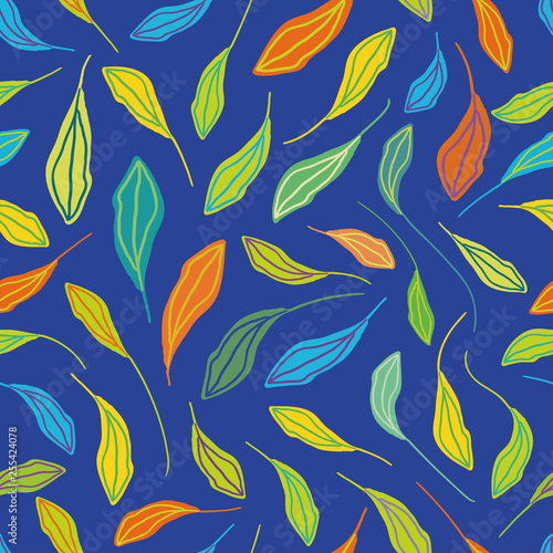 Individually hand drawn leaves in multicolor pattern. Seamless vector repeat on blue background. Fresh happy vibe. Great for wellbeing, organic, gardening products, homedecor, giftwrap, stationery