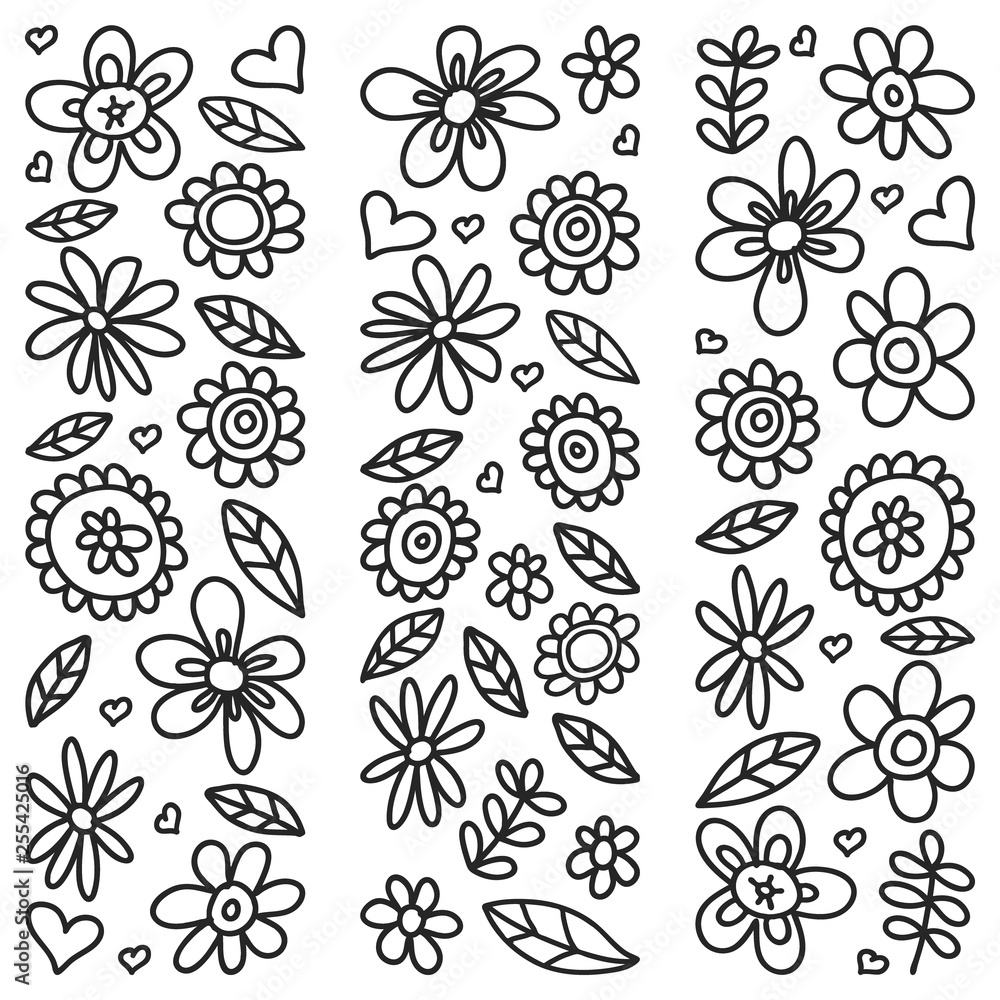 Vector set of child drawing flowers icons in doodle style. Painted, black monochrome, pictures on a piece of paper on white background. Vector set of child drawing flowers icons in doodle style. Painted, black monochrome, pictures on a piece of paper on white background.