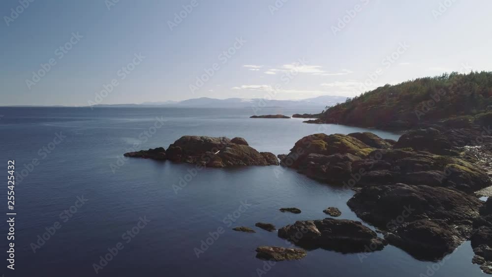 Aerial flying over rocks by the ocean, island with trees and blue sky. Shot in Canada. Aerial flying over rocks by the ocean, island with trees and blue sky. Shot in Canada.