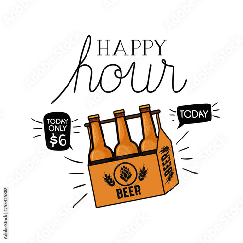 happy hour label with beer isolated icon