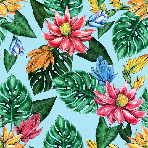 Seamless floral pattern of tropical flowers and leaves. Graphics and watercolor handmade.