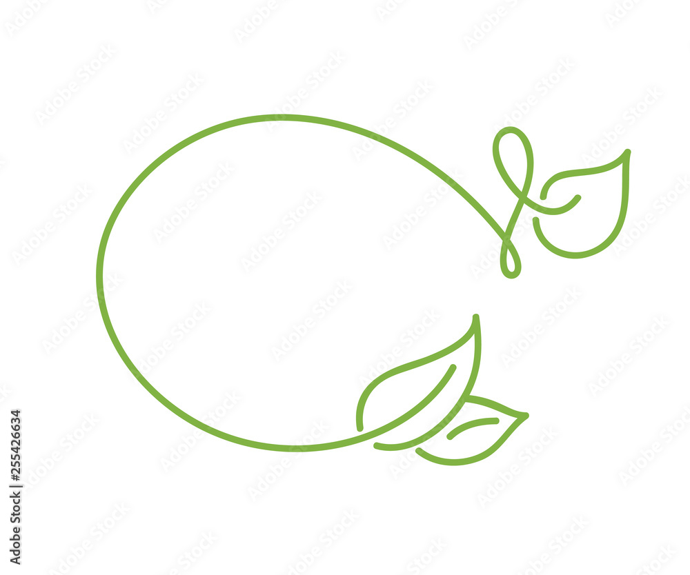 Green monoline calligraphy logo of green leaf ecology vector element. Divider or corner design for wedding and Valentines Day, birthday greeting card and web, eco vegan icon Green monoline calligraphy logo of green leaf ecology vector element. Divider or corner design for wedding and Valentines Day, birthday greeting card and web, eco vegan icon