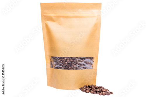 kraft plain paper doypack stand up pouch with window  zipper  filled with coffee beans on white background photo