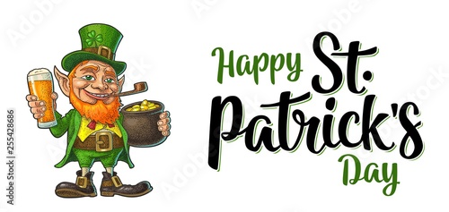 Leprechaun holding beer glass and pot of gold coins. Vector illustration.