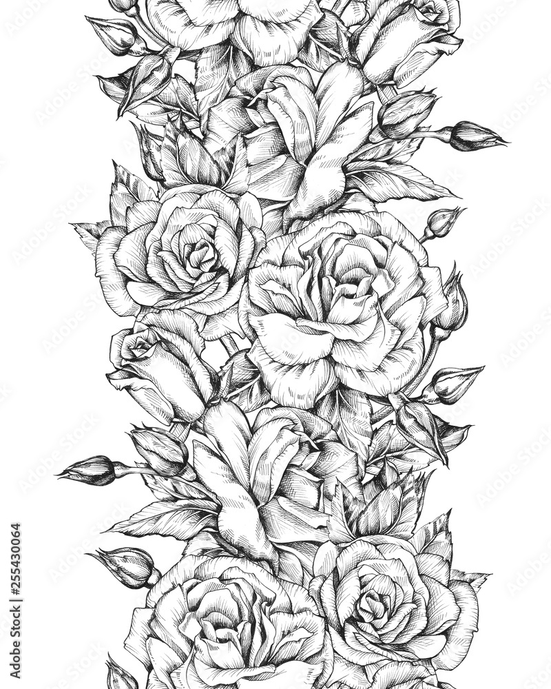 Seamless pattern of a border of graphic flowers and leaves. 