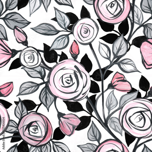 Floral seamless pattern with roses. Handmade acrylic. Design of wallpaper, fabric.