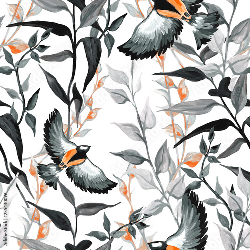Floral seamless pattern with birds. Handmade acrylic.