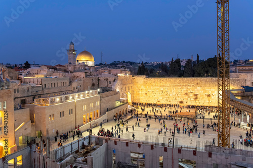 Jerusalem  Israel old city at the Western Wall and the Dome of the Rock. Kotel in Urban Renewal