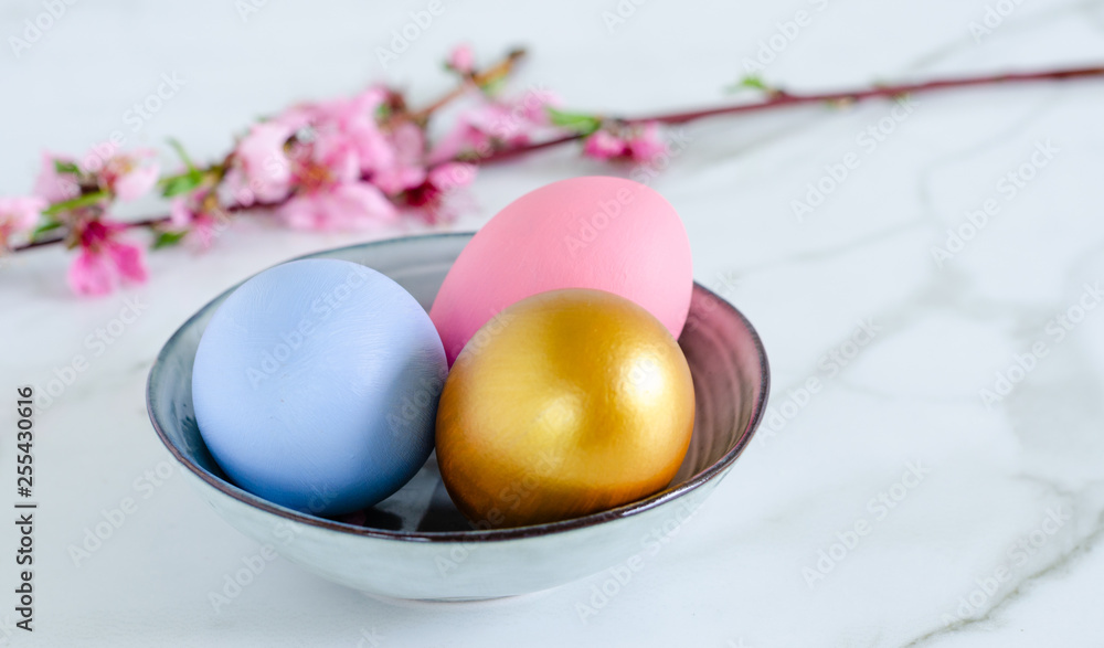 Colorful easter eggs in ceramic bowl. Colorful easter eggs in ceramic bowl.