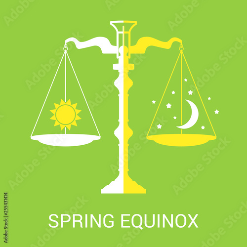 Vector flat illustration of the spring (vernal) equinox. Design concept with scales of justice symbolizing equal duration of daytime and nighttime.