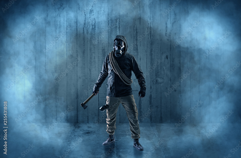 Fototapeta premium Dreadful dangerous man with wood, shanty wallpaper and fume around 