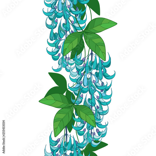Seamless pattern with outline Strongylodon flower bunch or turquoise Jade vine with green leaf and bud on the white background.