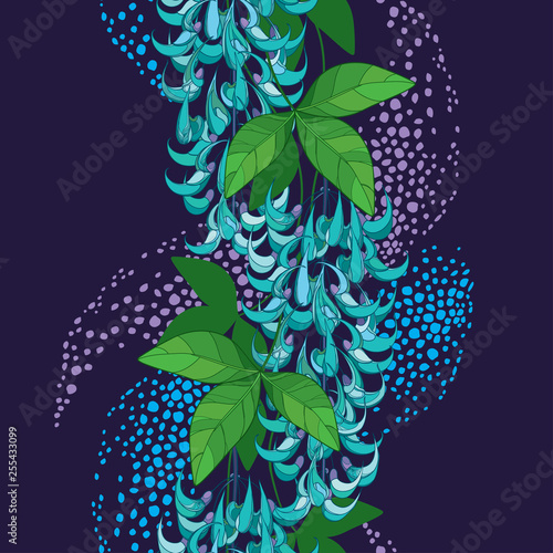 Seamless pattern of outline Strongylodon flower bunch or turquoise Jade vine with green leaf and bud on the violet background.