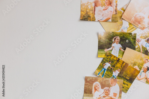Obraz na plátně Photo album remembrance and nostalgia journey in summer surfing beach trip on wood table
