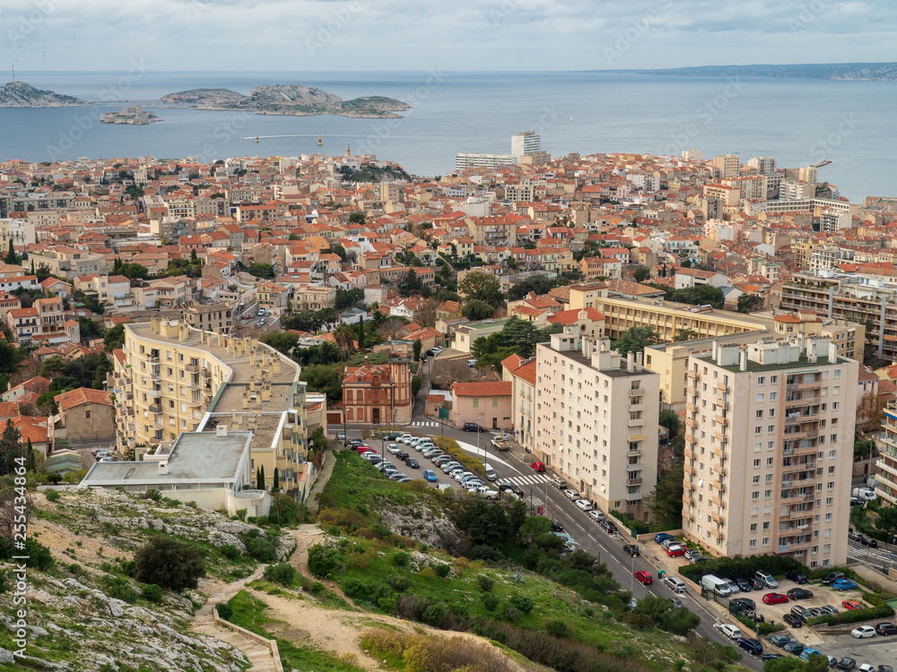 City scape of Marseille from hill of Notre-Dame de la Garde or,  Catholic basilica in Marseille.