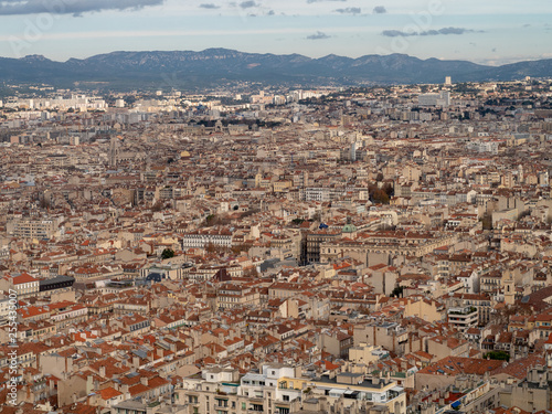 City scape of Marseille from hill of Notre-Dame de la Garde or, Catholic basilica in Marseille.