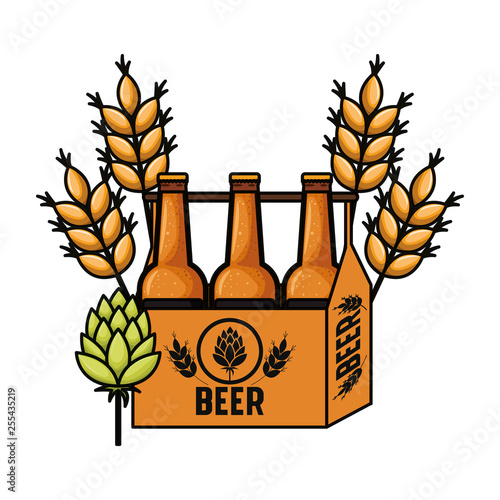 box with beer bottles and wheat isolated icon