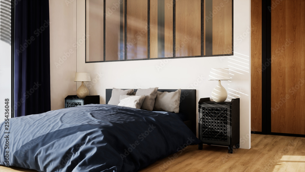 chambre avec dressing, verrière et grand lit 01 Stock Illustration | Adobe  Stock