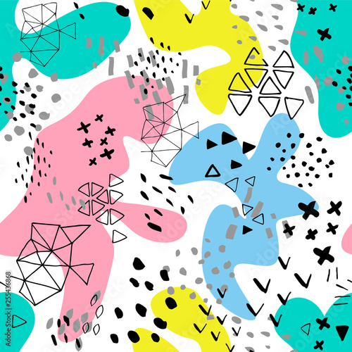 Creative doodle art header with different shapes and textures. Collage.Color splash abstract cartoon background or children playground banner design element. Overlay colorful spotty pattern .