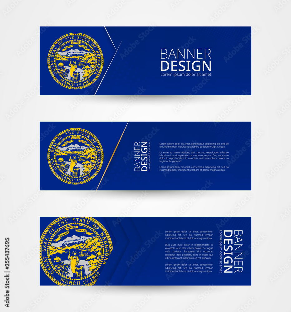 Set of three horizontal banners with US state flag of Nebraska. Web banner  design template in color of Nebraska flag. Stock Vector | Adobe Stock