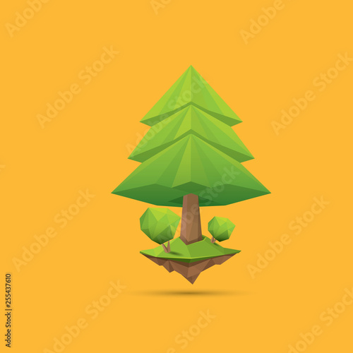 summer green low poly style tree isolated on orange background. Abstract Green tree design element for games and banners