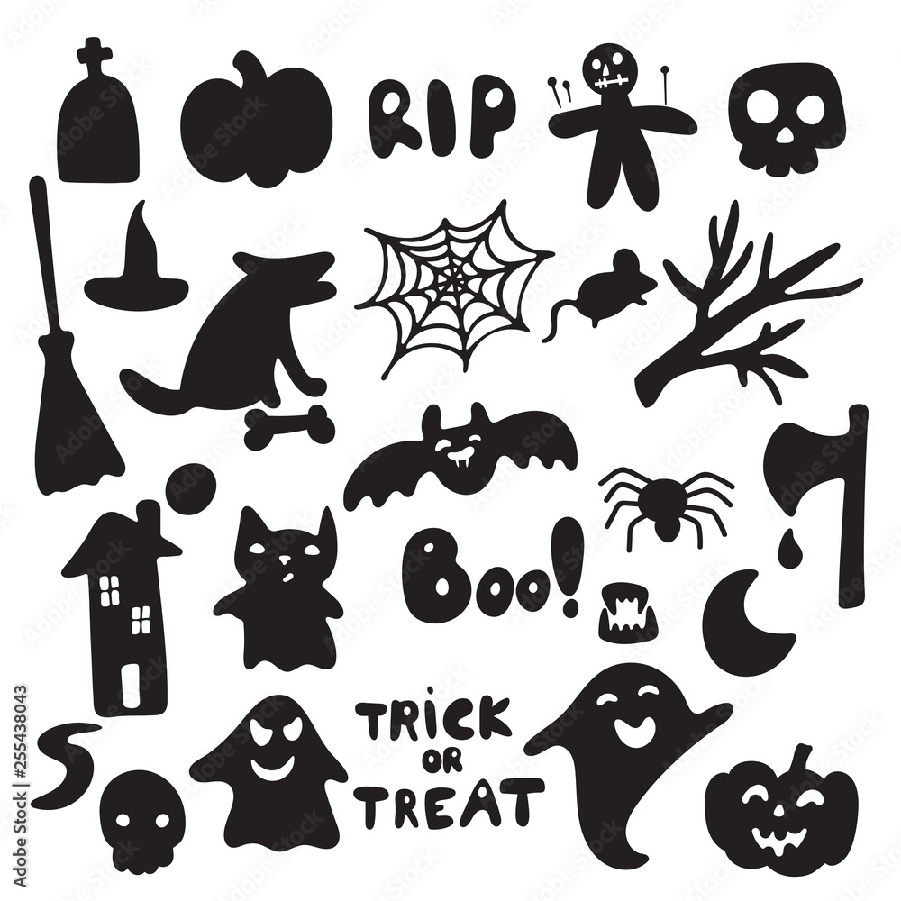 Collection of halloween silhouettes icon and character. Witch, creepy and spooky elements for halloween decorations, silhouettes, sketch, icon, sticker. Hand drawn vector illustration