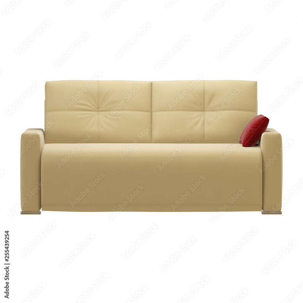 Fototapeta premium Yellow sofa with a red pillow on a white background 3d