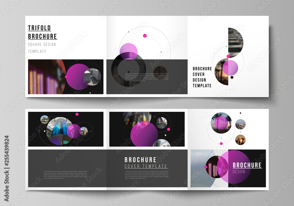 Vector layout of square format covers design templates for trifold brochure, flyer. Simple design futuristic concept. Creative background with pink circles and round shapes that form planets and stars