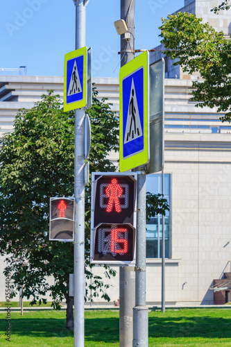 Pedestrian LED traffic lights with road signs of Crosswalk on the street at sunny summer day