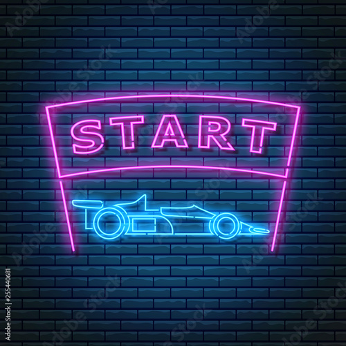 Glowing neon sign with racing car side view and start text on ribbon. Abstract symbol of new project or business stratup