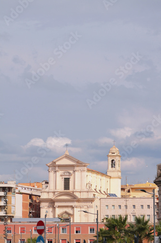 Saint Francis cathedral and cloudy sky. Civitavecchia, Italy