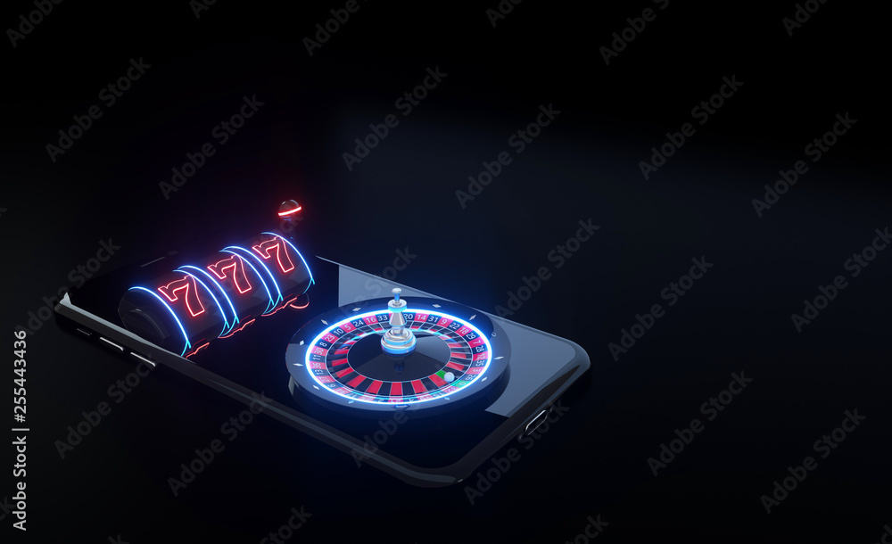 Obraz premium Slot Machine And Roulette Wheel On The Smartphone With Futuristic Neon Lights - 3D Illustration
