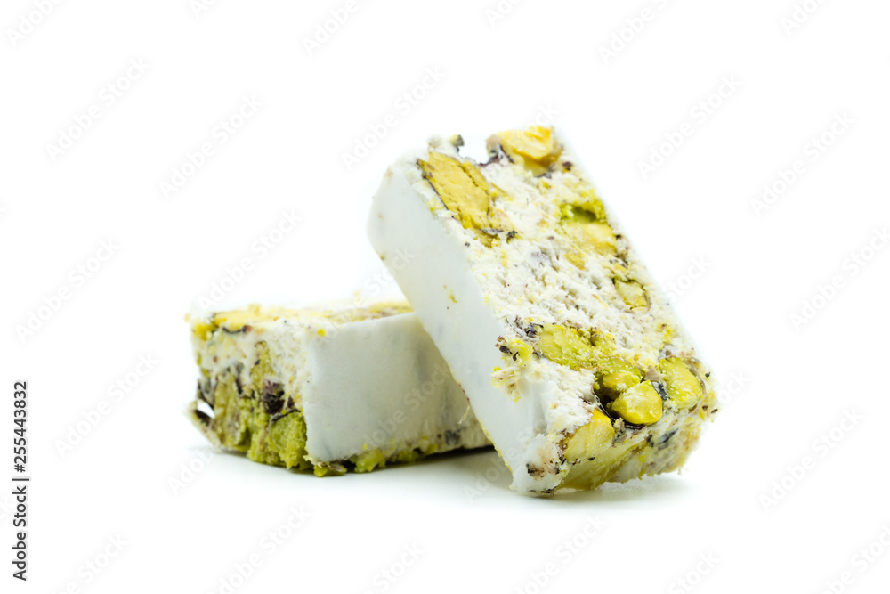 Weißer Nougat isoliert freigestellt auf weißen Hintergrund, Freisteller Weißer Nougat isoliert freigestellt auf weißen Hintergrund, Freisteller