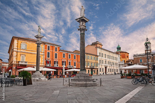 Ravenna, Emilia-Romagna, Italy: the main square Piazza del Popolo with the ancient columns with the statues of Saint Apollinare and Saint Vitale photo