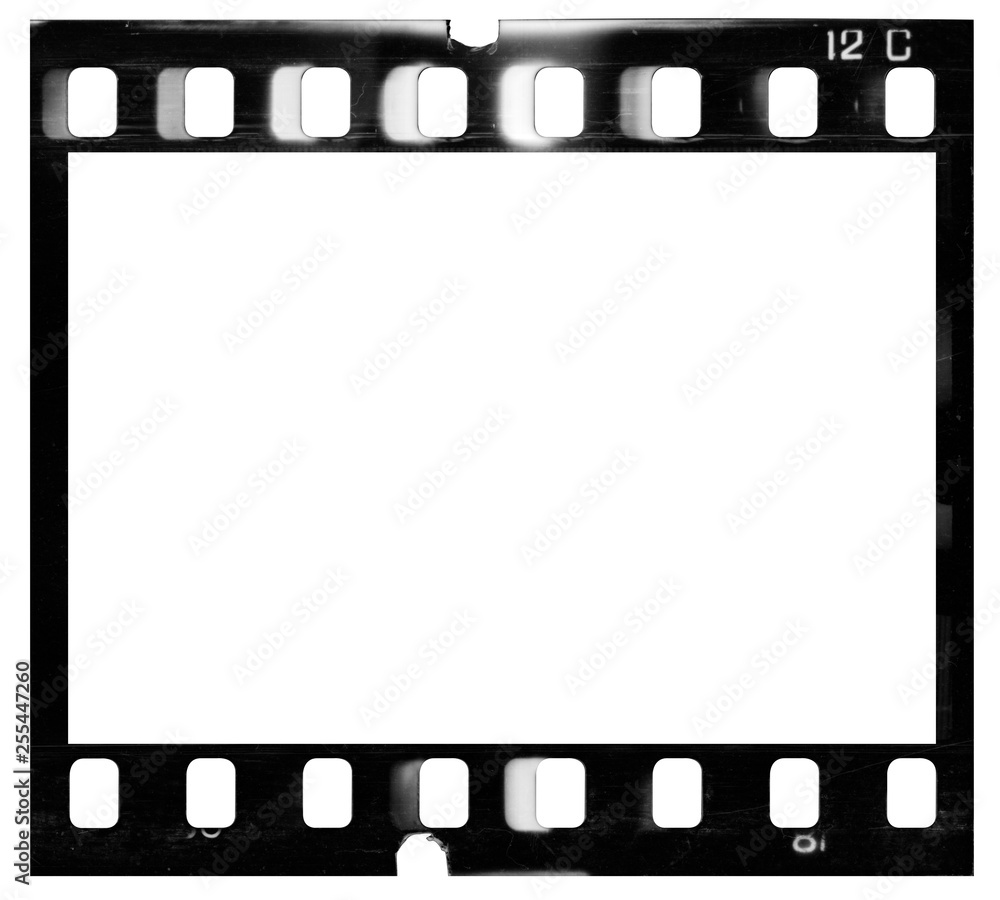 Film strip template with frame, empty black and white 135 type (35mm) film with scratches, cracks and light leaks isolated on white background with work path.