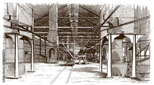 Interior view of a historical puddle mill building (after an etching or engraving from the 19th century)