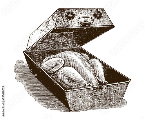 Turkey in a historical roaster or baker (after an engraving or etching from the 19th century)