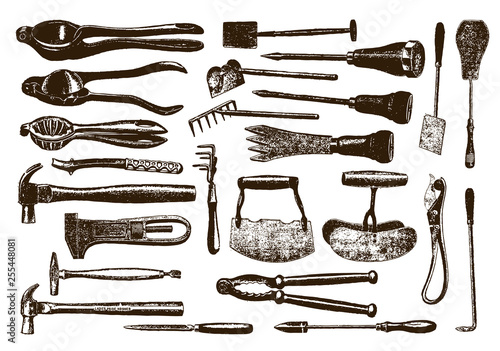 Group of antique tools after engraving from 19th century