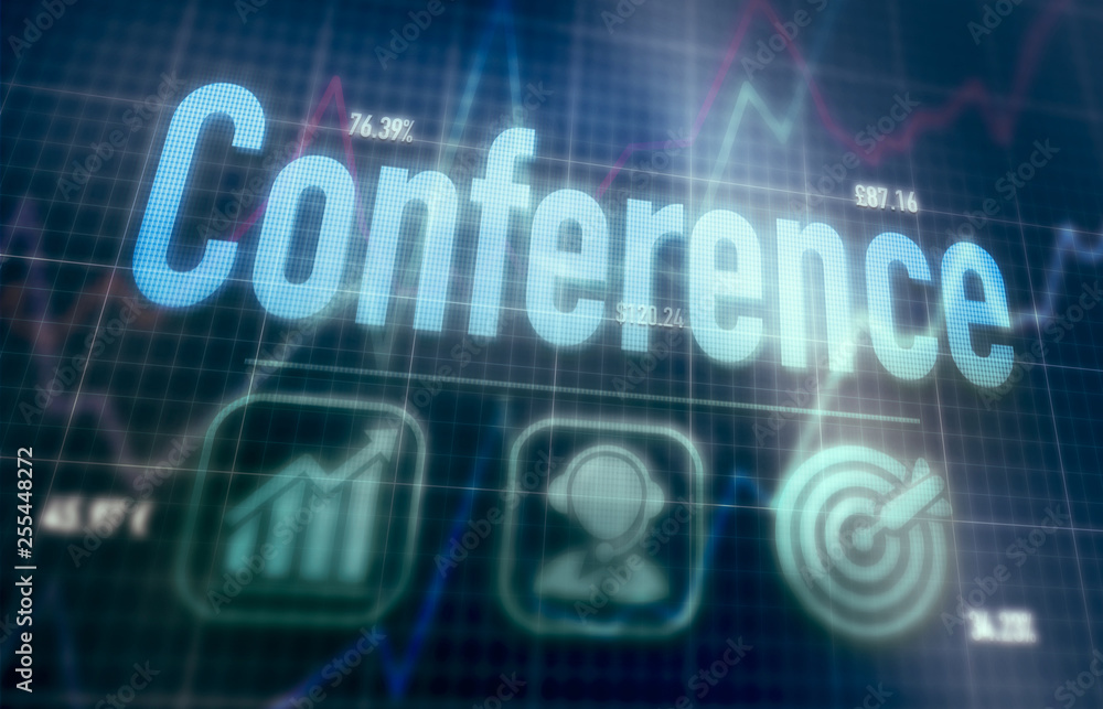 Conference concept on a blue dot matrix computer display.