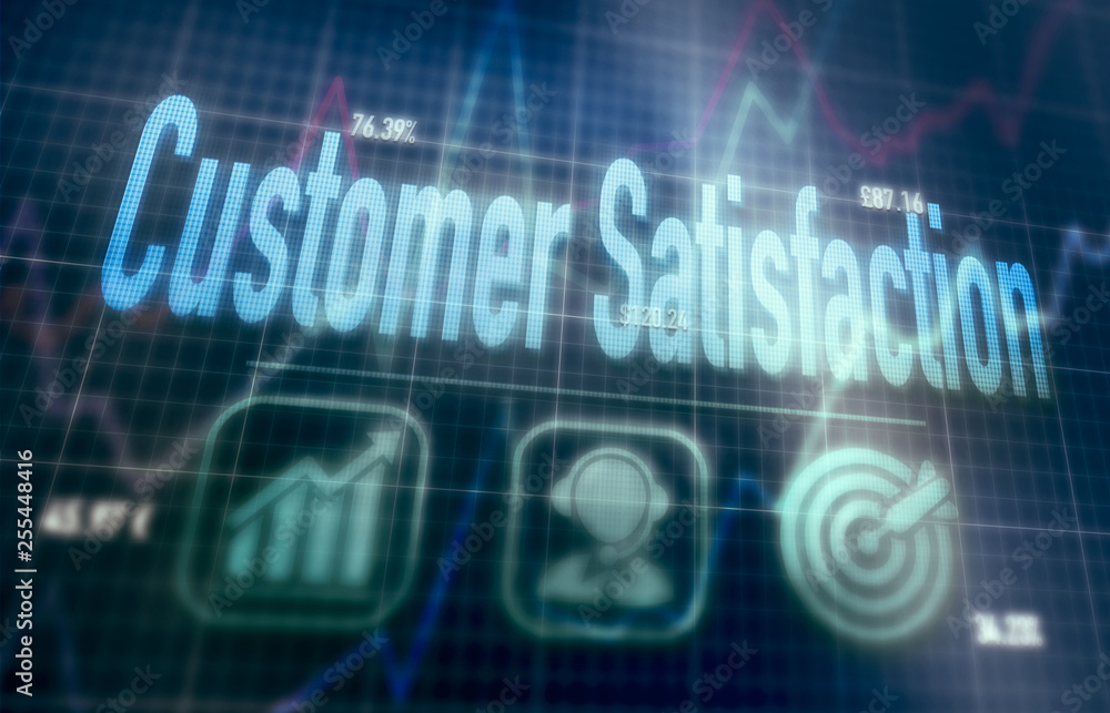 Customer Satisfaction concept on a blue dot matrix computer display.